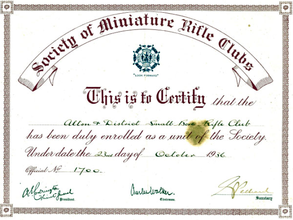 Certificate of membership of the Society of Miniature Rifle Club’s