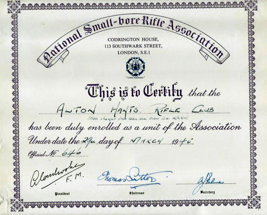 National Smallbore Rifle Association enrolment certificate